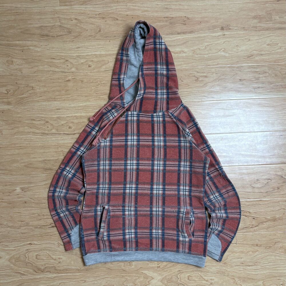 Ampersand Ave Red Plaid Pullover Hoodie Large Grey Trim Side Zip Sweatshirt